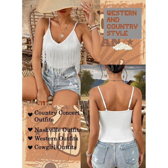 Women's White Fringe Tank Top Western Festival Clothing Cowgirl V Neck Outfits - Picture 3 of 6